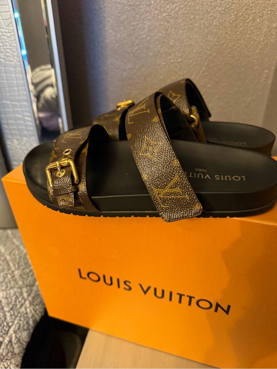 Louis Vuitton Shoes - Louis Vuitton Brown Monogram Double Strap Sandals with Gold Buckles